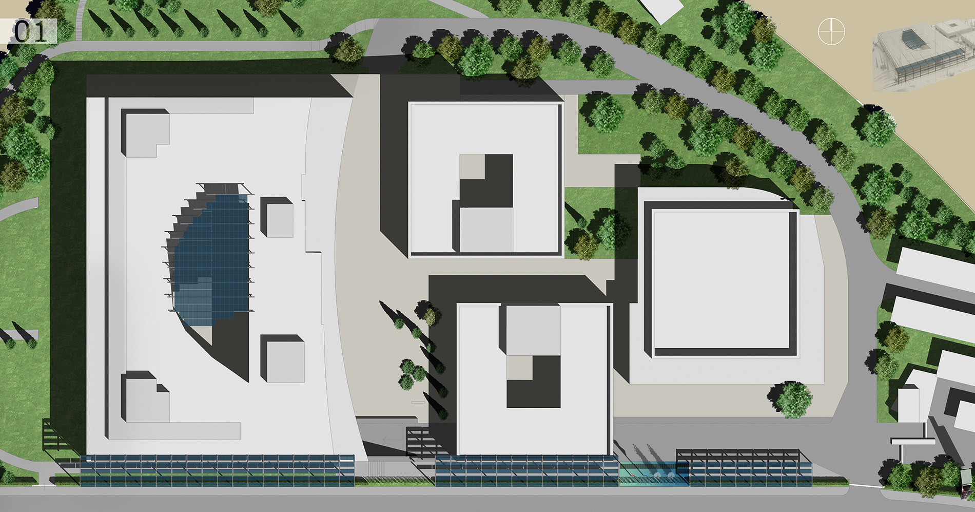 Edificios Industriales BIPV plano cenital de maqueta con edificios industriales